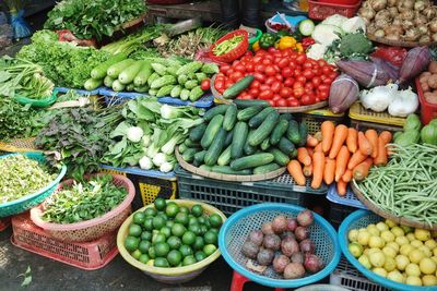 High angle view of vegetables for sale in market