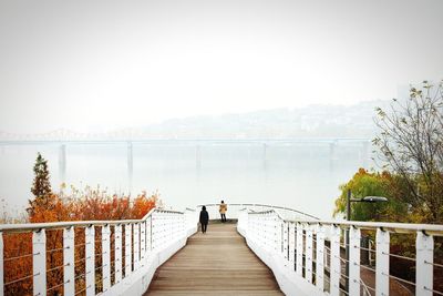 Rear view of man looking at lake against sky