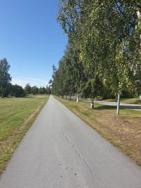 Road amidst trees on field against clear sky