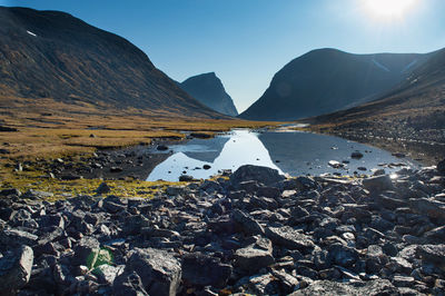 Scenic view of lake and mountains against sky