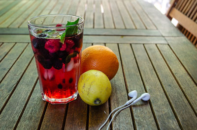 Directly above shot of glass with raspberry on wooden table