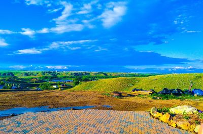 Scenic view of agricultural field against blue sky