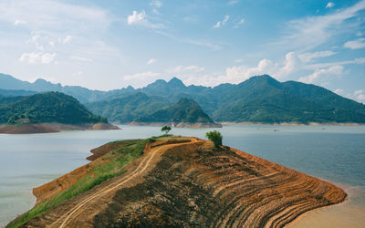 Scenic view of lake and mountains against sky