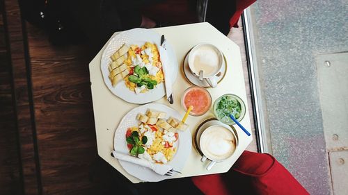 High angle view of meal served on table