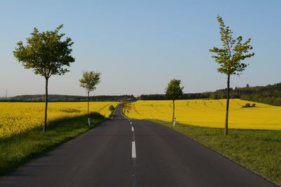 Country road by rural field against clear sky