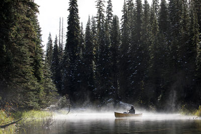 Man paddling boat on a remote lake on a foggy misty day surrounded by trees