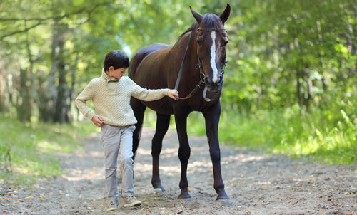 Rear view of man riding horse on field