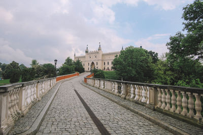 Railroad tracks amidst buildings against sky