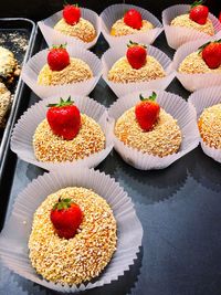 High angle view of cupcakes on table