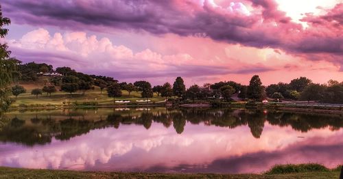 Panoramic view of lake against sky during sunset