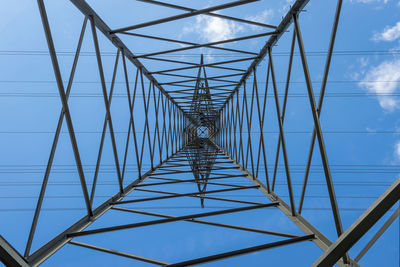 Low angle view of electricity pylon against sky
