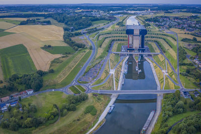 High angle view of road by city