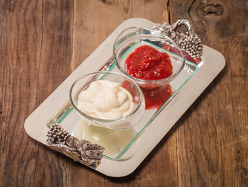 High angle view of dessert in bowl on table