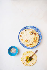 High angle view of breakfast served on table