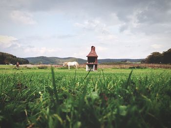 Scenic view of field against cloudy sky