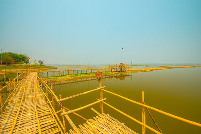 Bridge over river against clear blue sky