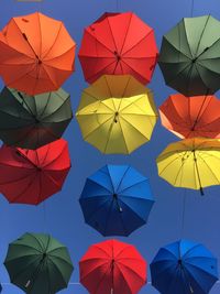 Low angle view of umbrellas against clear blue sky