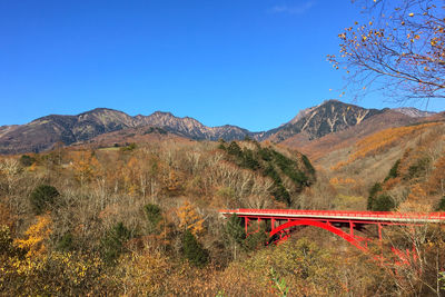 Scenic view of mountains against clear blue sky