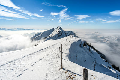 Scenic view of snow covered mountains against sky