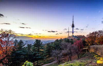 Trees and tower against sky during sunset