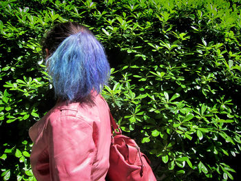 Rear view of woman with palm tree