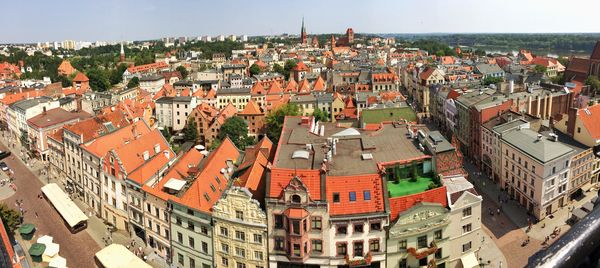 High angle view of buildings in city