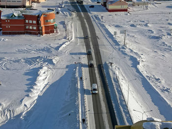 High angle view of snow covered field