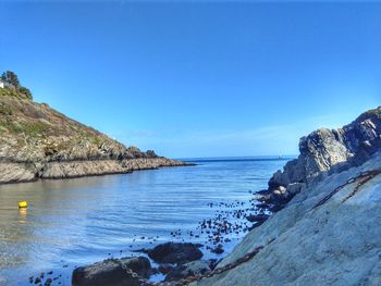 Scenic view of sea against clear blue sky