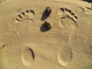 High angle view of footprints on sand