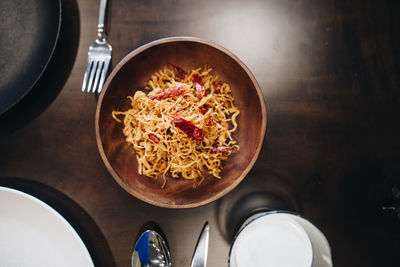 High angle view of food in bowl on table
