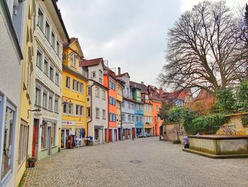 Houses by trees in city against sky