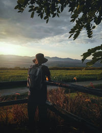 Rear view of man standing on field against sky during sunset