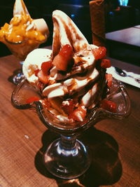Close-up of dessert served on table
