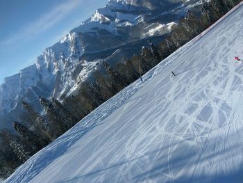 Aerial view of snowcapped mountains against sky