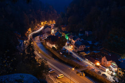 High angle view of town street in hrensko, czech republic, in twilight