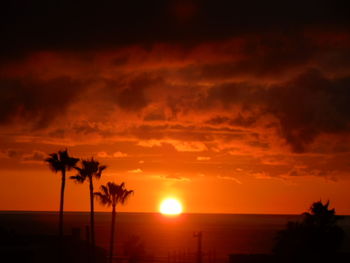 Silhouette palm trees on beach against romantic sky at sunset