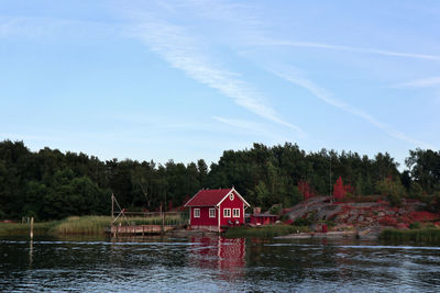 House by lake against sky