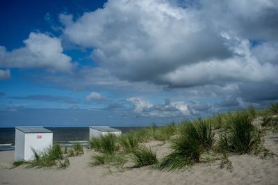 Huts by bushes on sand at beach against cloudy sky