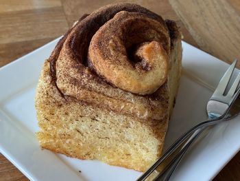 High angle view of cake in plate on table