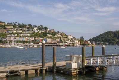 Scenic view of sea by town against sky