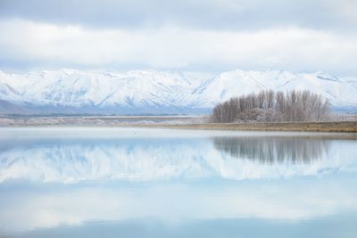 Scenic view of lake and mountains against sky