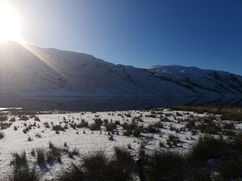 Scenic view of snowcapped mountains against clear sky