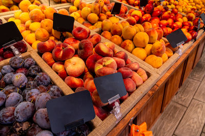 High angle view of fruits for sale at market stall
