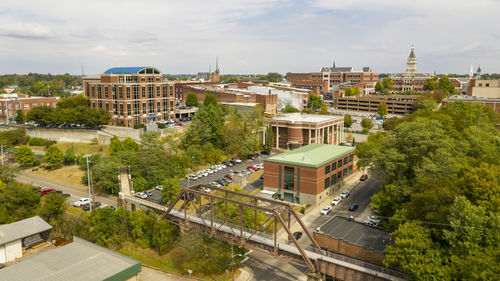 High angle view of buildings against sky