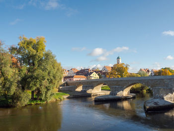 Bridge over river by buildings against sky