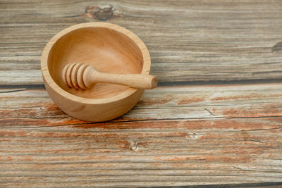 High angle view of bread on wooden table