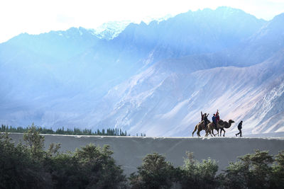 People riding camels against mountains