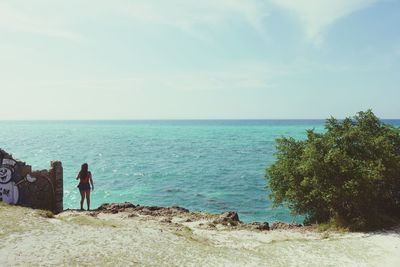 Rear view of man standing on beach against sky