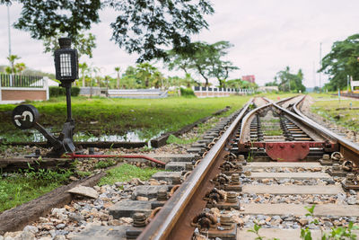 Railroad tracks in park against sky