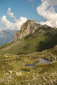 Scenic view of mountains against cloudy sky